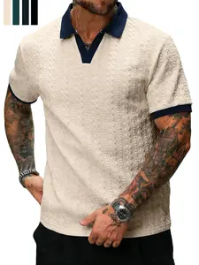 Men’s contrast-color short-sleeve casual commuter polo shirt Men’s knit polo shirt Cream-colored men’s polo shirt Men’s V-neck knit sweater Men’s short-sleeve knit polo shirt Men’s textured polo shirt Retro-style men’s polo shirt