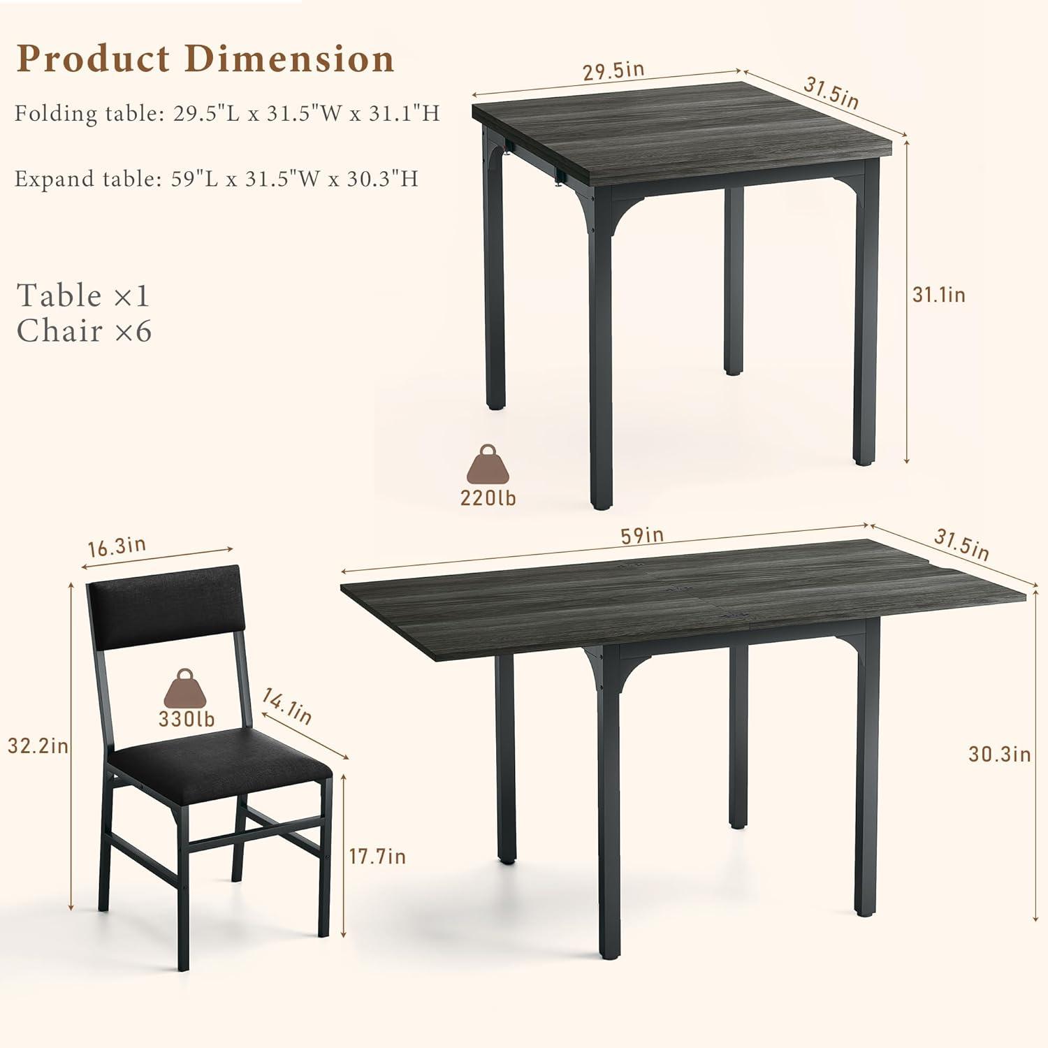 7-Piece Dining Table Set for 4-6, Extendable Kitchen Table Cushion Chairs Set of 6 with 6 Chairs, Rectangle Dining Table with Metal Frame & MDF Board, Folding for Small Apartment Saving Space,Grey Oak