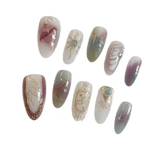 10 Pcs Handmade Nail Art, Mystic Astrology Style, Gradient Cat Eye, Sun Sign Lines, Pearl, Daily Commute, Date Nails