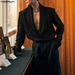 INCERUN Mens Satin Cowl Neck Shirt Long Sleeve Draped Silk Blouse Elegant Party Club Top
