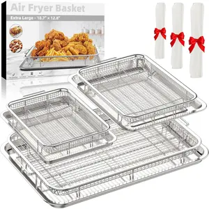 Air Fryer Basket for Oven, 3 Set Stainless Steel Oven Air Fryer Basket and Tray with 90 count  Papers,  Air Fryer Pans and Crisper Tray - 18.7" x 12.8", 15.6"  11.6" & 12.8"  9.6" Cooking Large