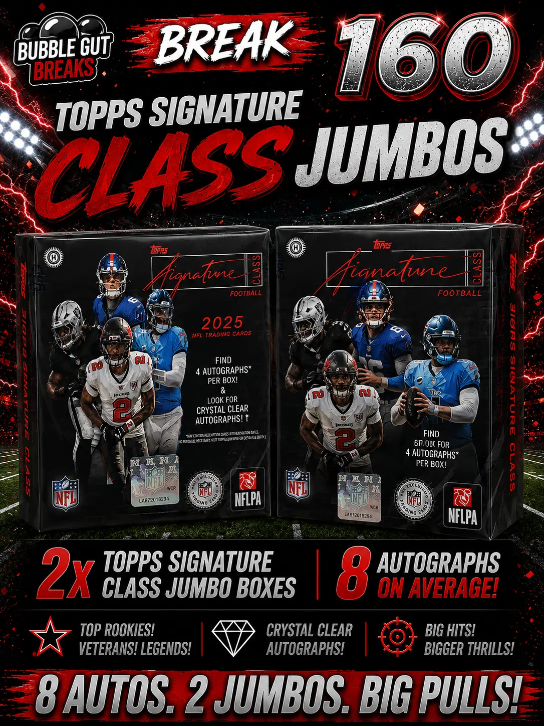 Bubble Gut Break 160: PYT Topps Signature Class Football 2025 NFL Football Boxes 2x Jumbo Hobby Box - 8 Autos!