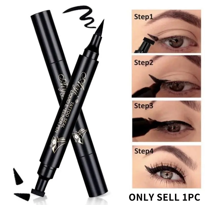 2-in-1 Stamp Eyeliner Pen, Waterproof Sweatproof, All-Day Wear, Large/Small Stamp Tips Available, Waterproof Smudge-Proof, Perfect for Daily Light Makeup & Bold European Looks, Beginner-Friendly Easy Application, Smudge Resistant Eyeliner