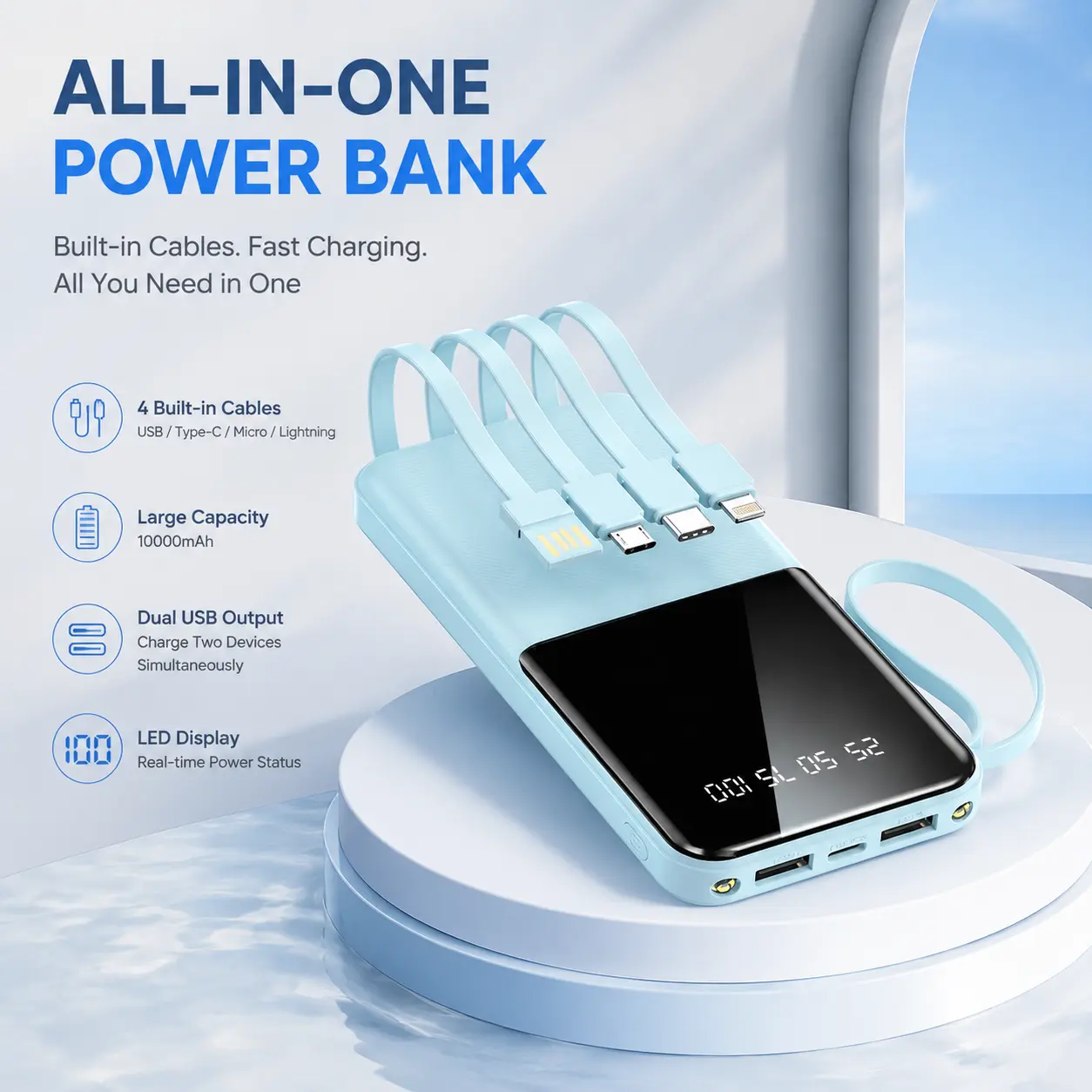20W 10000mAh Portable Power Bank with Built-in Type-C, Lightning, Micro USB Cables, Lanyard, Fast Charging, Smart Digital Display, LED Flashlight - For Smartphones, Tablets, Travel, Dormitories Battery Pack Charger Chargeable