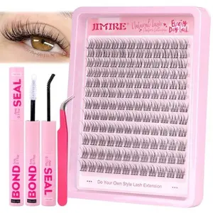 JIMIRE Natural Lash Extension Kit Wispy 9-12MM Lash Clusters Kit C Curl Eyelash Extensions Kit with Lash Bond and Seal Tweezers Cluster Eyelash Extensions 144Pcs for Beginners Friendly