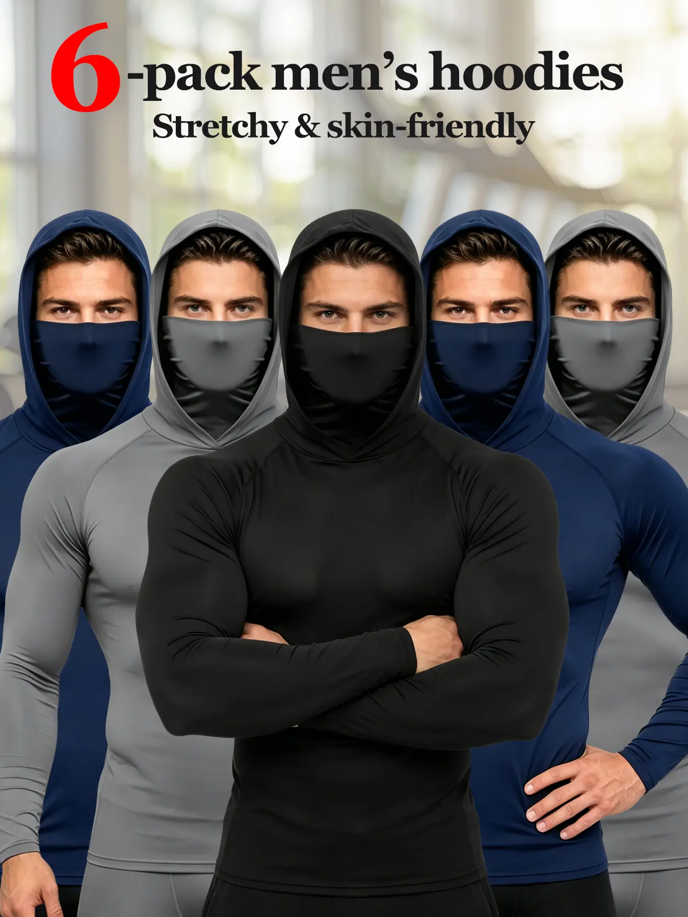 Men's 6-Pack Skin-tight Warm Stretch Hoodies, Long Sleeve Athletic Base Layer Tops for Workout Performance, Neck Gaiter, Athletic Tops, Sporty Chic, Male, Breathable, Hooded Face-Mask Shirt Men's Hoodies, Workout Wear, Quick Dry