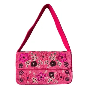 Pink Floral Beaded Shoulder Bag