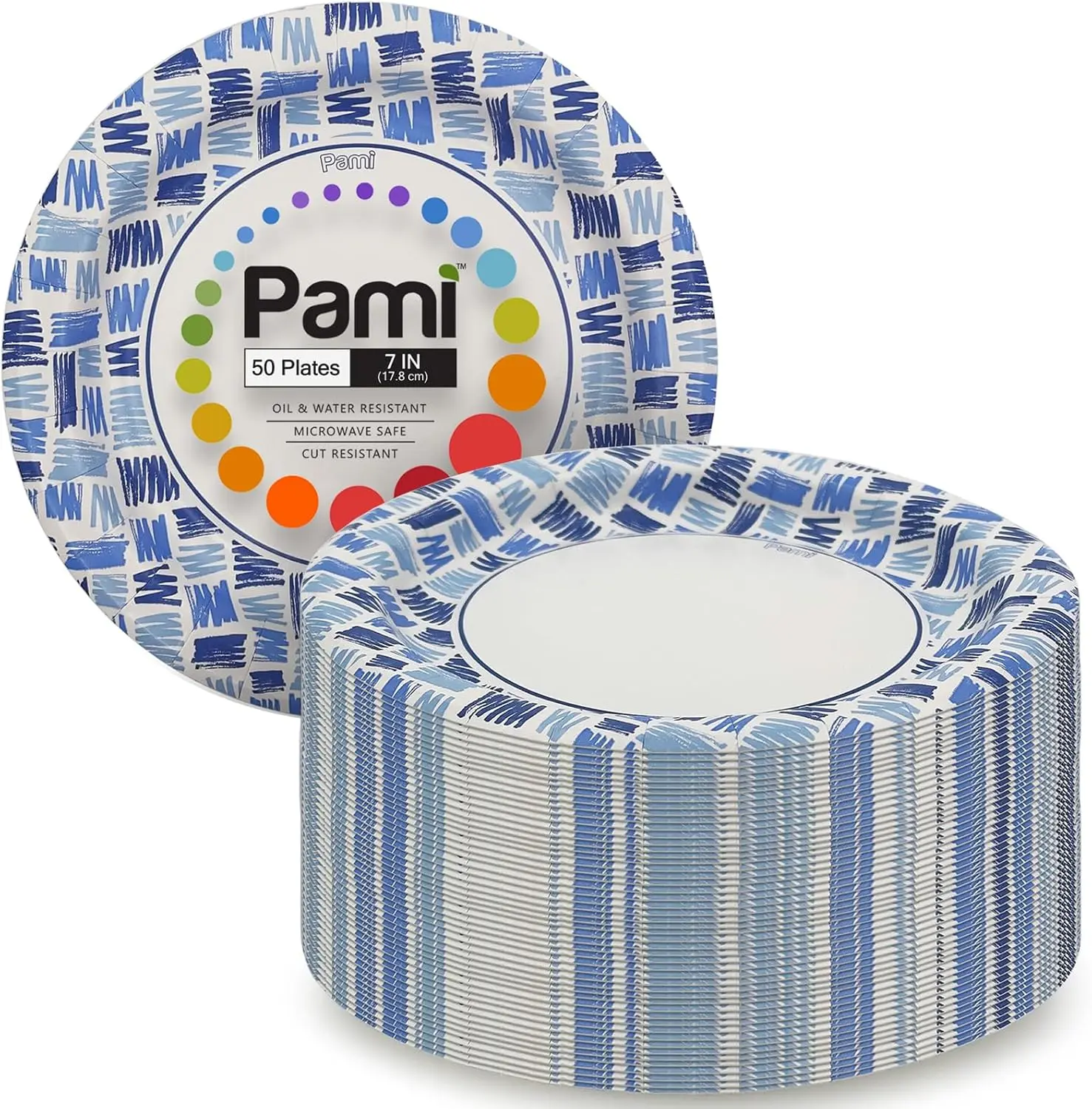 PAMI Heavy-Duty Disposable Compact Size 7 in Food Round Paper Plates, Pack of 50 Blue - Microwave-Safe, Heat-Resistant, All-Protection Against Oil, Water & Cuts