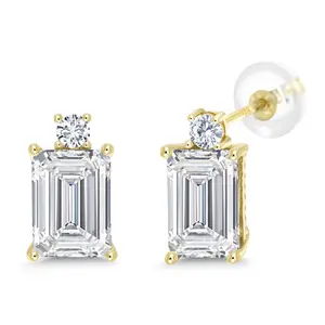 Gem Stone King 10K Yellow Gold Gemstone Birthstone and White Lab Grown Diamond Two-Stone Stud Earrings for Women | Emerald Cut 8X6MM with Round 2.5MM | Fine Gold Jewelry for Her Mom Wife