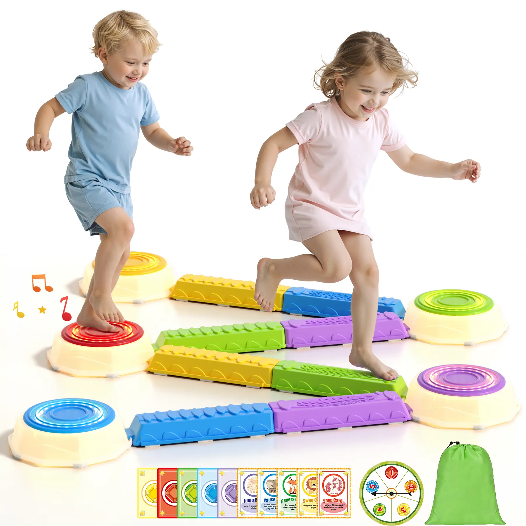 HYES 13PCS Light Up Sensory Learning Tools Set - 5 LED Pads, 8 Beams, Non-Slip Stone Boards, Balance Obstacle Course, Piano Music, Spinner Game, 30 Activity Cards, 3 AAA, Autistic Sensory Products for 1-5 Years Indoor Outdoor Toddler Gift homeessentials,
