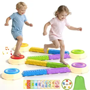 HYES Light Up Stepping Stones & Balance Beams Set - 13PCS Non-Slip Kids Sensory Obstacle Course With Piano Music, Spinner Game, 30 Activity Cards - Indoor Outdoor Toddler Gift Toys For Ages 1-5