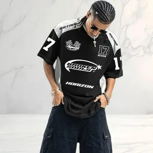 Men’s street-style short-sleeve T-shirt featuring an American retro racing aesthetic, with numeric letter prints and color-block paneling. Loose drop-shoulder fit for comfort and breathability, ideal for trendy guys’ everyday streetwear and skate outfits—