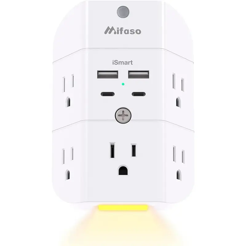 Mifaso 9-in-1 Wall Outlet Extender Surge Protector - 5 AC Outlets, 2 USB-A Ports, USB-C Port, Auto Dusk/Dawn Sensor Night Light, 125V, 1875W Max, 3.5 × 4.8 × 1.7 In Multi Plug Adapter for Bedrooms, Living Rooms, Multi Charging Station