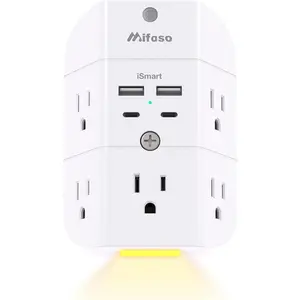 Mifaso iSmart 9-in-1 Wall Outlet Extender with USB-C USB-A Ports Surge Protector Auto Dusk/Dawn Sensor Night Light Multi Plug Adapter for Bedrooms Living Rooms Kitchens Offices