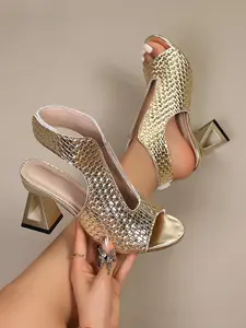 Women's Knitted Texture Chunky Heel Mules Sandals, Open Toe V-Shape Backless High Heels, Commuter Versatile Roman Style Beachwear