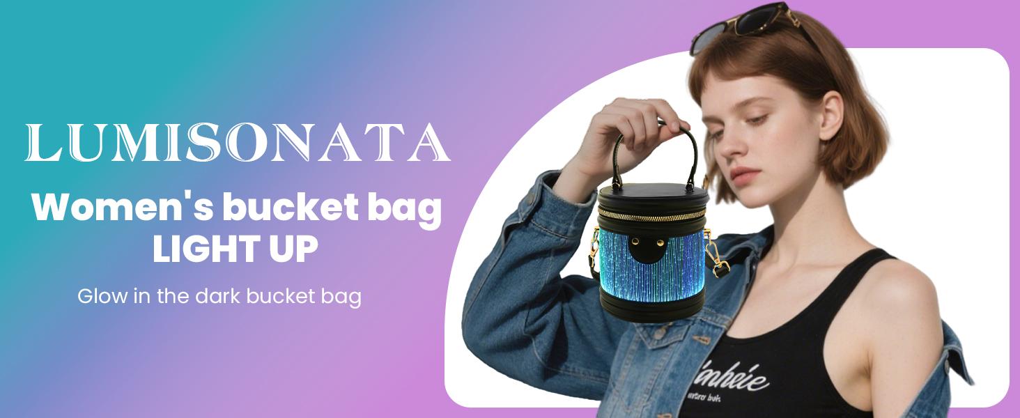 Portable Rechargeable Crossbody LED Light Up Bucket Bag, 7 Color Changing Glow In The Dark Crossbody Purse With 4 Flashing Modes, Press Switch To Control, Stylish Handbag For Night Out Party Concert