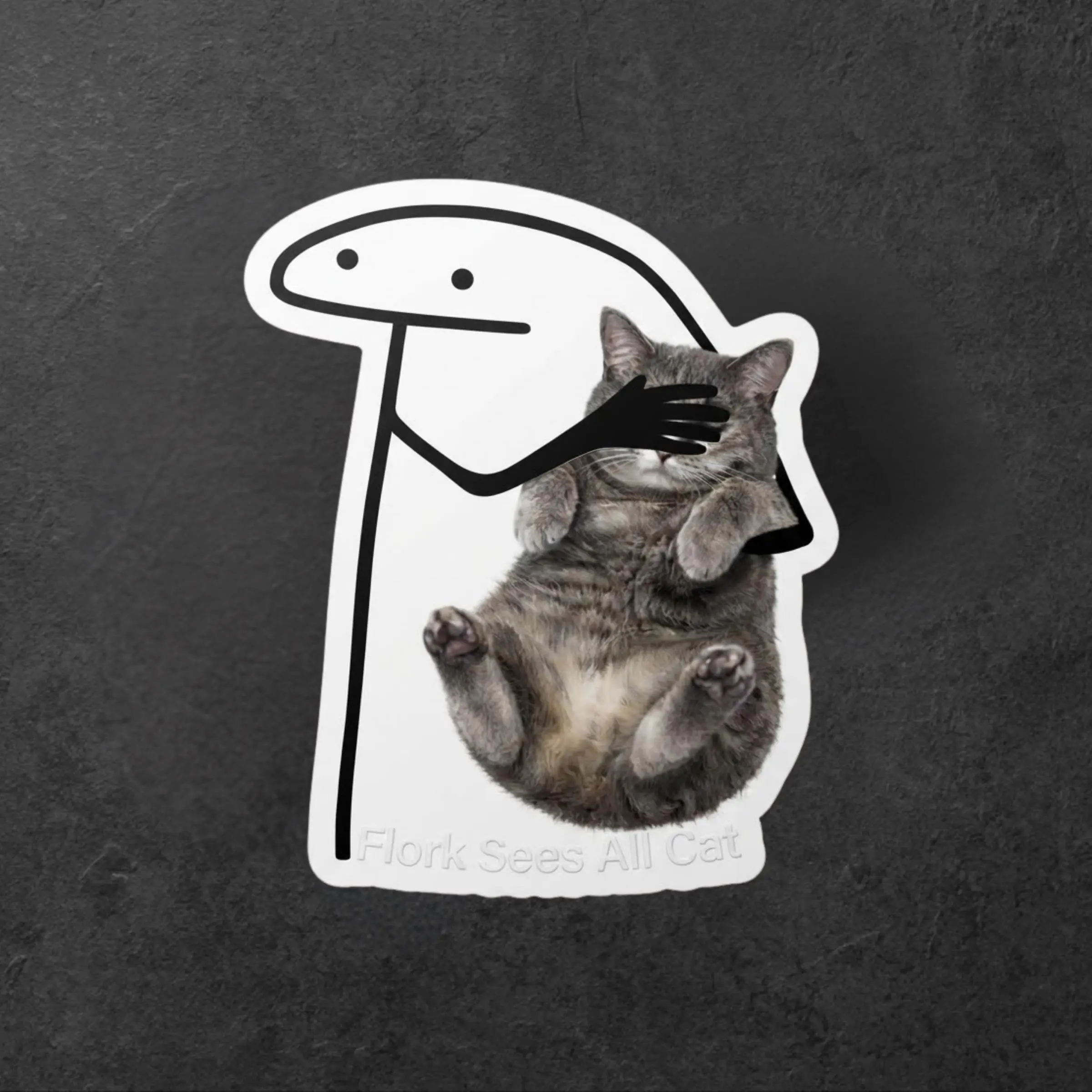 Flork Sees All Cat Meme Sticker, Funny Grey Cat Holding Paws Vinyl Decal, Cute Animal Humor Laptop and Phone Sticker