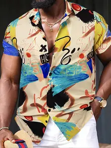 Men's Graphic Print Casual Printed Short Sleeve Button Front Collared Colorful Casual Summer Shirt, Loose-Fit Street Style Woven Fabric, Perfect Gift for Boyfriend, All Seasons