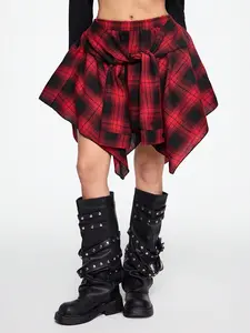 ROMWE Grunge Punk Grunge Vintage Plaid Lace-Up Asymmetrical Layered Plus Size Skirt