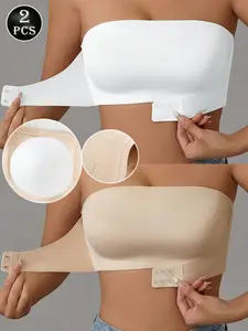 2-Piece Set Sexy Strapless Bra, Seamless Invisible Push-Up Front Buckle Design, Wireless Lined Underwear, Breathable Bridal Bra