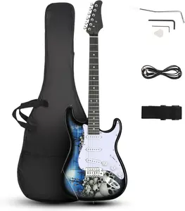 Glarry 39 Inch Electric Guitar, Full-Size Beginner Solid Body Guitar Kit with Gig Bag Strap Tremolo Bar Cable Picks (Blue & White)