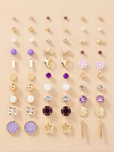 30 Pairs Faux Pearl Rhinestone Heart Shaped Stud Earrings Set For Women
