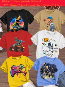 Boys Summer Casual Cool Truck Game Controller Print Short Sleeve T-Shirt, Comfortable Versatile Loose Fit, Random Style Pack