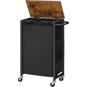 Slim Laundry Hamper with Lid, 11Gal Rolling Laundry Basket with Wheels, Laundry Sorter with Side Pockets and Handle, Oxford Fabric Bag, Space-Saving, Rustic Brown and Black BF24XY01G2