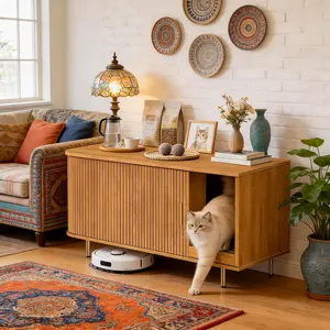 【SummerVibes】DHH 38.5" Hidden Cat Litter Box Enclosure, Mid-Century Modern Fluted Cat Furniture with Scratch Pad, Tambour Sliding Door Indoor Cat House & TV Stand outdoorfun