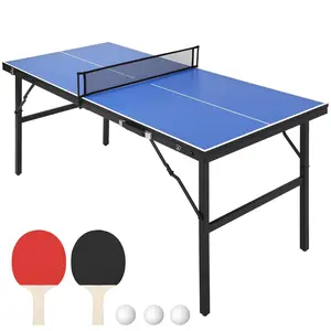 【GARVEE】Foldable Portable Table Tennis Table 60x26x27.5 inches with Aluminum Frame, Includes 2 Paddles and 3 Balls, Mid-Size Blue Ping Pong Table for Indoor and Outdoor Use, Ideal for Game Rooms, Apartments, and Offices