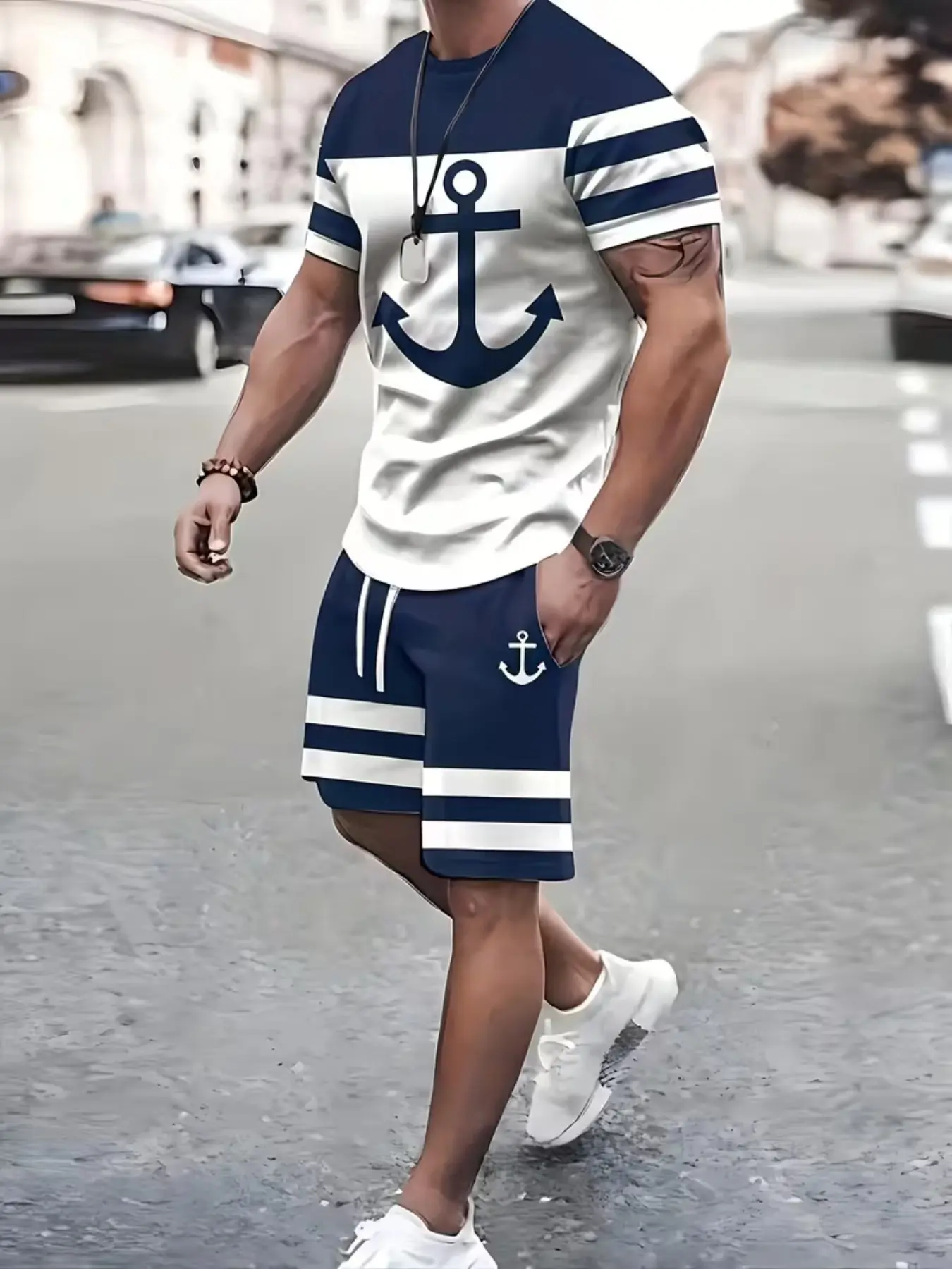 Blue Anchor Print Casual Set, Round Neck, Man, Menswear, Vintage Nautical Design, Summer Beach Vacation, All Seasons Fitted Style