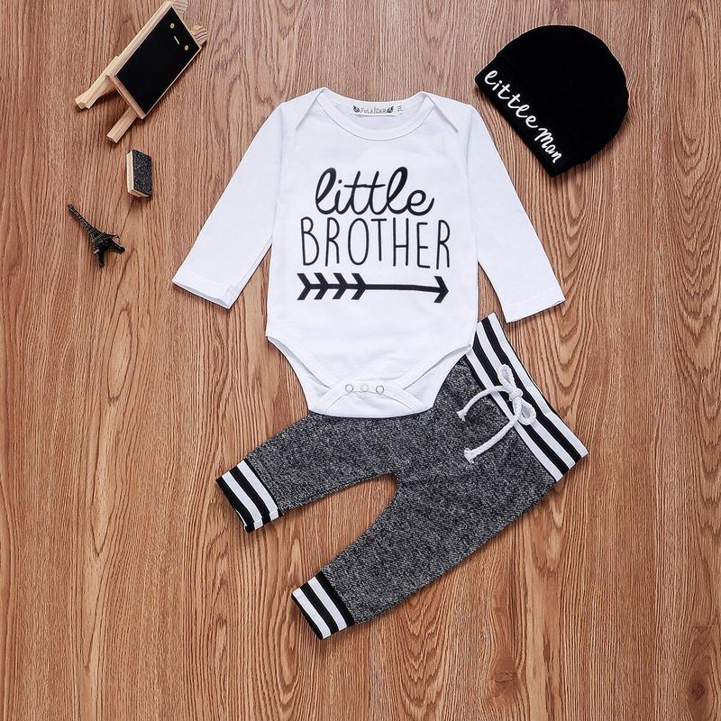 Baby Boys 3PCS Outfit Set, Long Sleeve Letter Pattern Envelope Neckline Romper, Long Straps Elastic Band Pants, Beanie Hat Set 0 3 6 12 24 Months