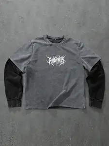 Men's Long Sleeve Patchwork T-Shirt, Casual Loose-Fitting Top, Dark Style Streetwear, Trendy Men's Clothing for Spring & Fall