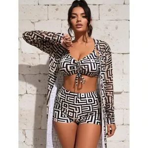Women's 3-Piece Triangle Bathing Top Swimsuit Set - Sexy Bikini with Tropical Beach Kimono Cover-Up, Coffee,summervibes