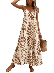 Women's Printed Sleeveless Dress, Summer Beach Vacation Casual Boho Long Dress, Casual Beach Sundress, Classic V Neck A-Line Slim Fit Bohemian Style, Womenswear