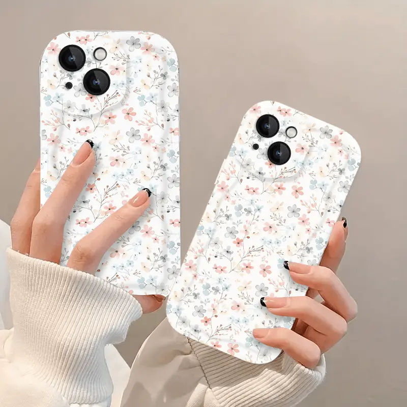 Spring-themed floral pattern, drop-proof and non-slip TPU curled wavy frame phone case, compatible Spring-themed floral pattern, drop-proof and non-slip TPU curled wavy frame phone case, compatible