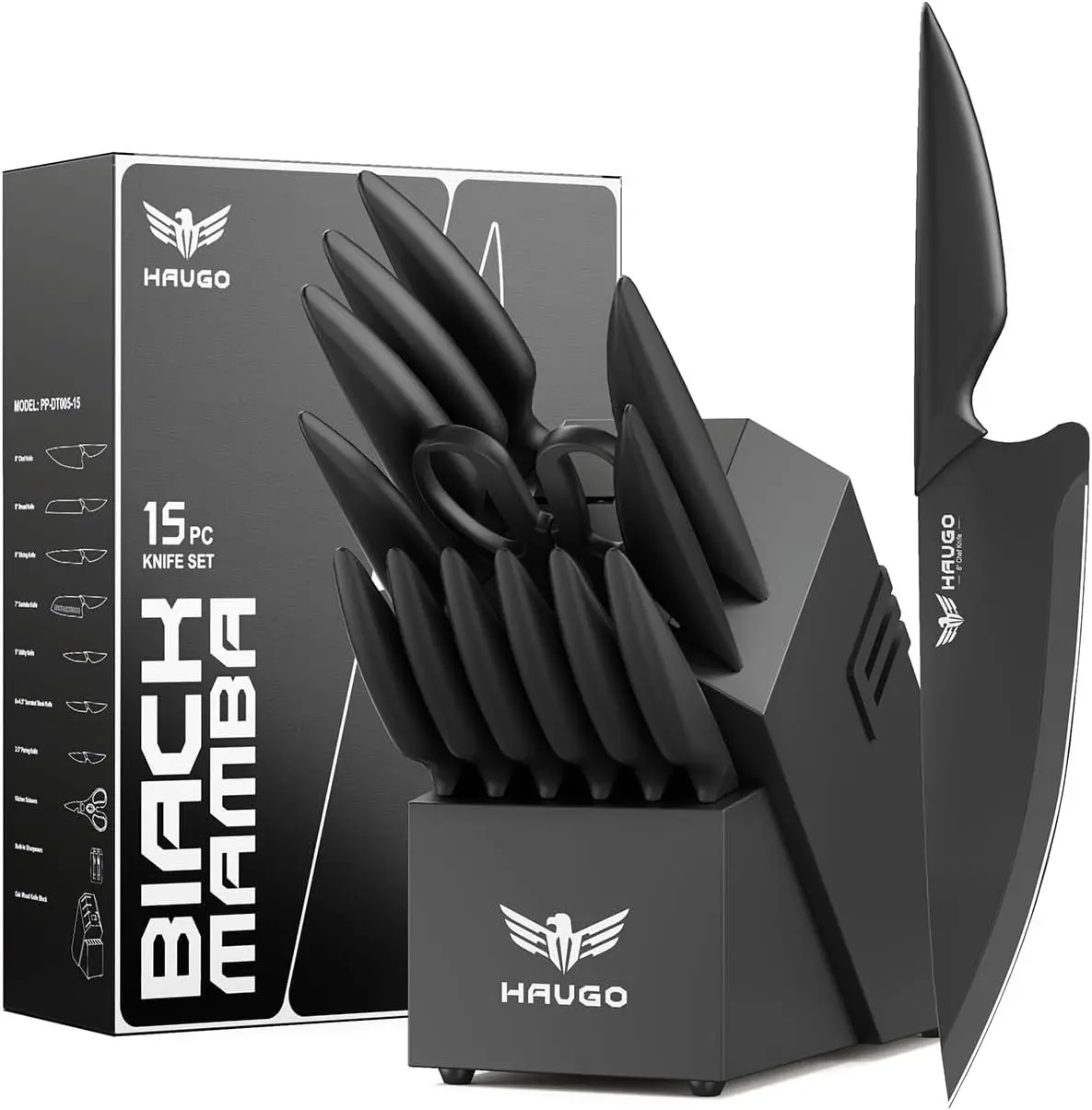 Kitchen Knife Set with Block: 15-Piece High Carbon Stainless Steel Professional Knives - Dishwasher Safe and Sharpener - Comfortable Grip Reduces Hand Fatigue 30% - Black Knife Set for Cooking