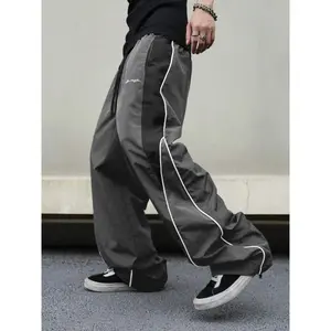 Men's Black Colorblock Sweatpants with White Side Stripes & Embroidered Design, Casual Gym Wear, Loose Athletic Long Pants, Trendy Street Fashion Joggers, Drawstring Waist, Straight Leg Cut, Polyester - mens pants SpringStatements