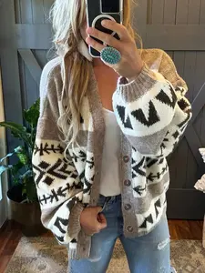 Women's Patchwork Geometric Print Button Front Cardigan, Casual Drop Shoulder Lantern Sleeve Knitwear for Fall, Fashion Ladies' Knit Clothing for Daily Wear, Knitted Sweater