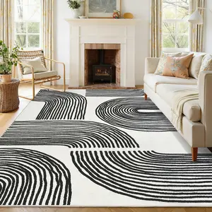 Modern Printed Carpet Washable Area Rug Soft Non-slip Geometric Line Carpet Low Pile Foldable Interior Decorative Carpet for Bedroom Dining Room Office Laundry Room Corridor