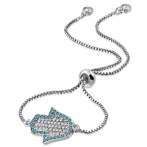 Stainless Steel Multi-Color CZ Hamsa Adjustable Chain Bracelet