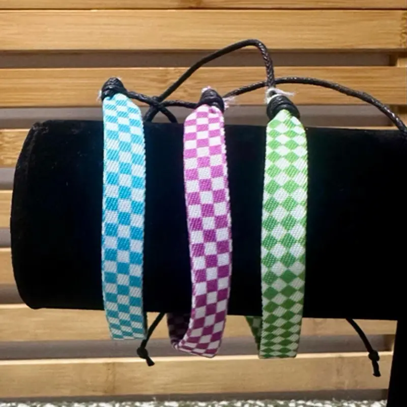 Pastel Goth Y2K Aesthetic 3-Piece Checkered Woven Friendship Bracelets Soft Sky Blue Lilac Purple Mint Green Adjustable Knot Mechanism Trendy Stackable Wrist Wear