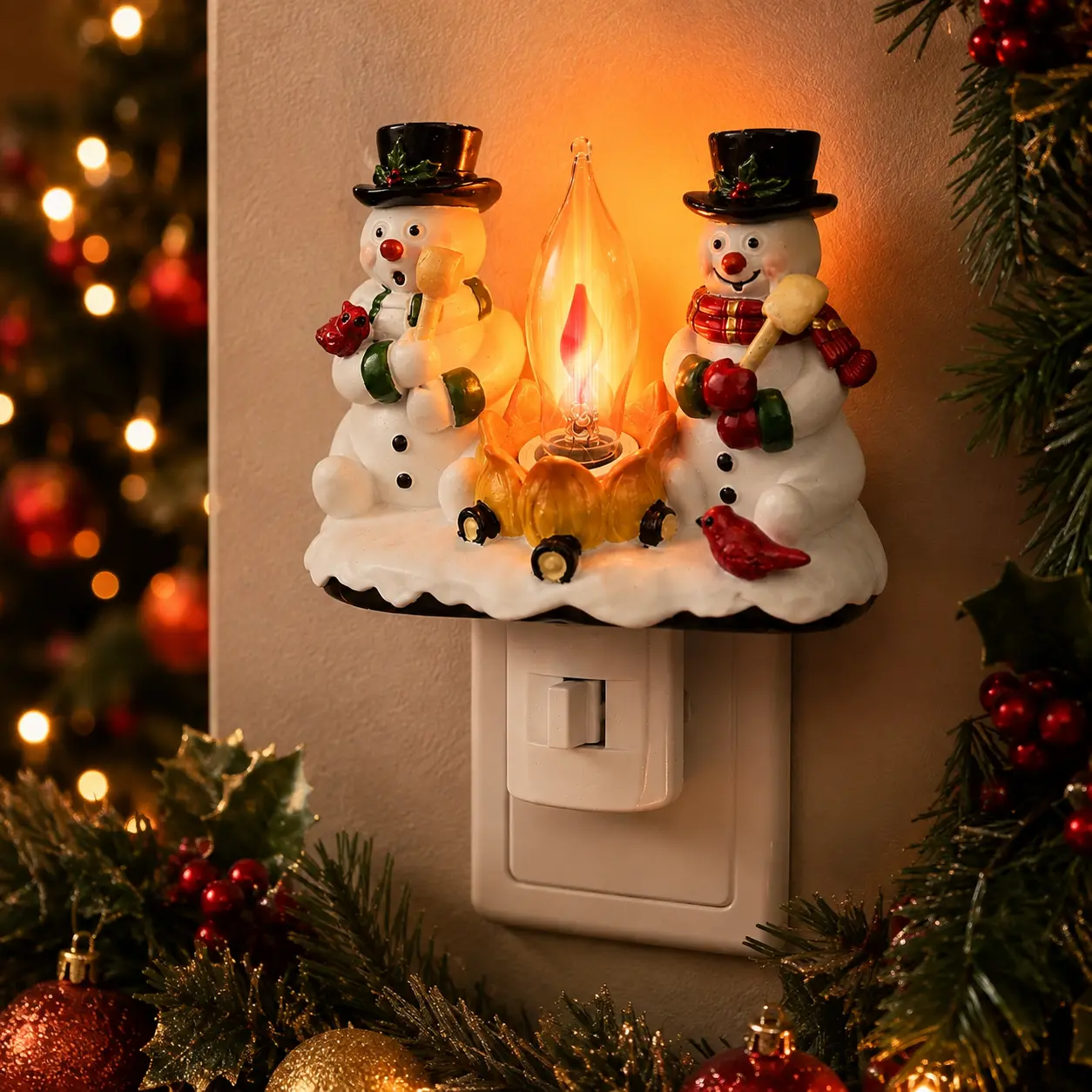 Snowman Bonfire Night Light, Christmas Flickering Campfire Plug In Wall Nightlight, Cute Winter Holiday Decor, Christmas Decorations for Bedroom Living Room, Gift for Kids Adults