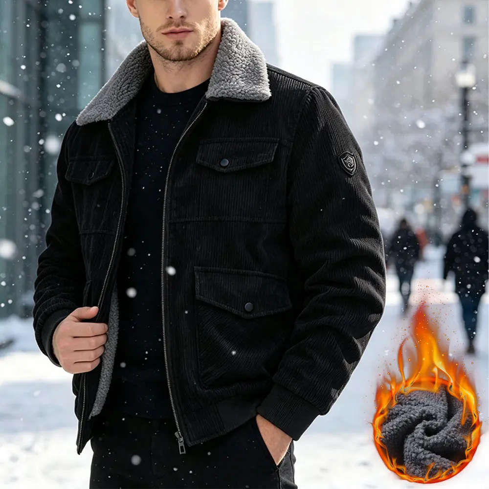 Men’s corduroy workwear jacket, American vintage multi-pocket insulated outerwear, fleece-lined turn-down collar jacket for outdoor commuting, side badge detailing and multiple pockets, suitable for autumn/winter outdoor activities, walking, and everyday