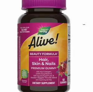 Nature's Way Alive! Hair, Skin & Nails Premium Gummies, Beauty Formula*, with Collagen, Biotin, Vitamins C & E, Strawberry Flavored, 60 Gummies