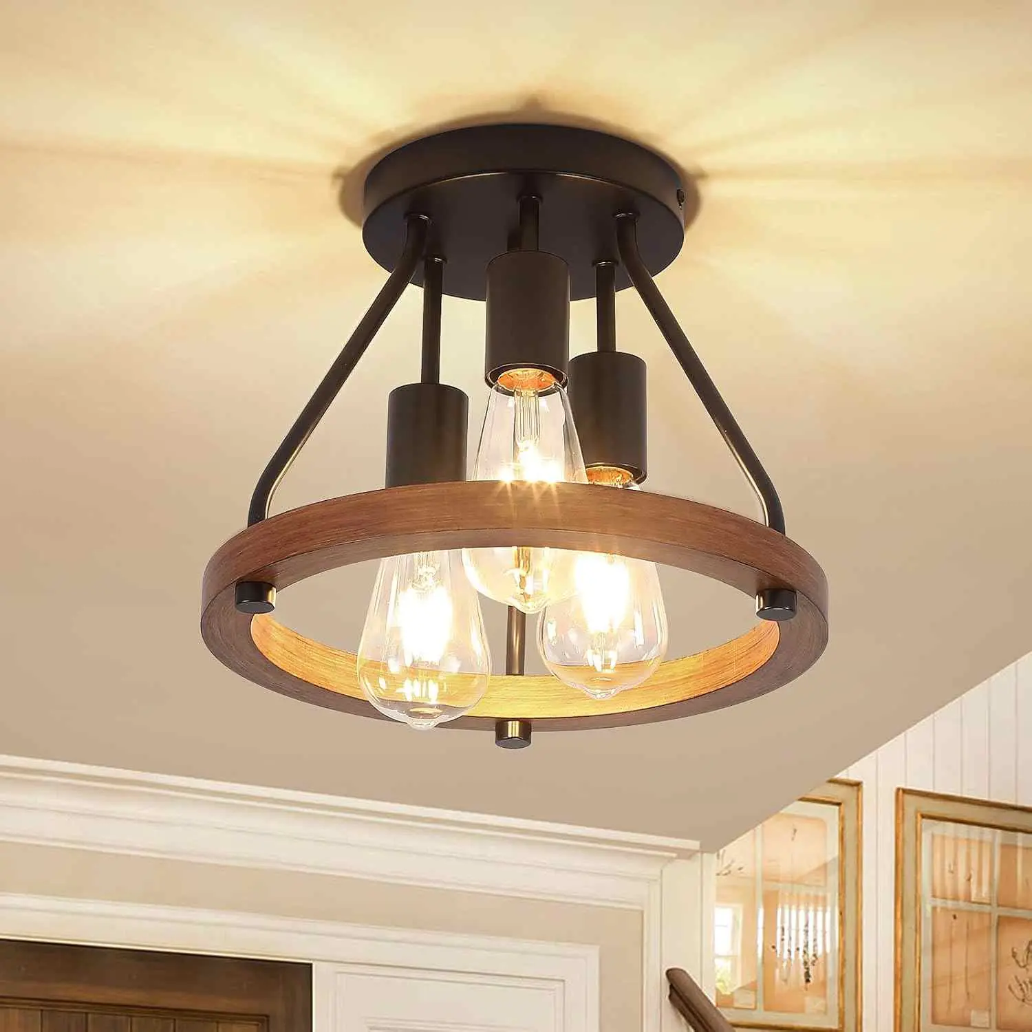 UL-Listed Modern Farmhouse Wood 3-Light Semi-Flush Mount Home Ceiling Lighting - 1pc/Box Product, Rustic Industrial Metal-Tone Candle Chandelier, 33*33*9 cm, 110v Hard Wire, 1.47kg for Hallway, Kitchen
