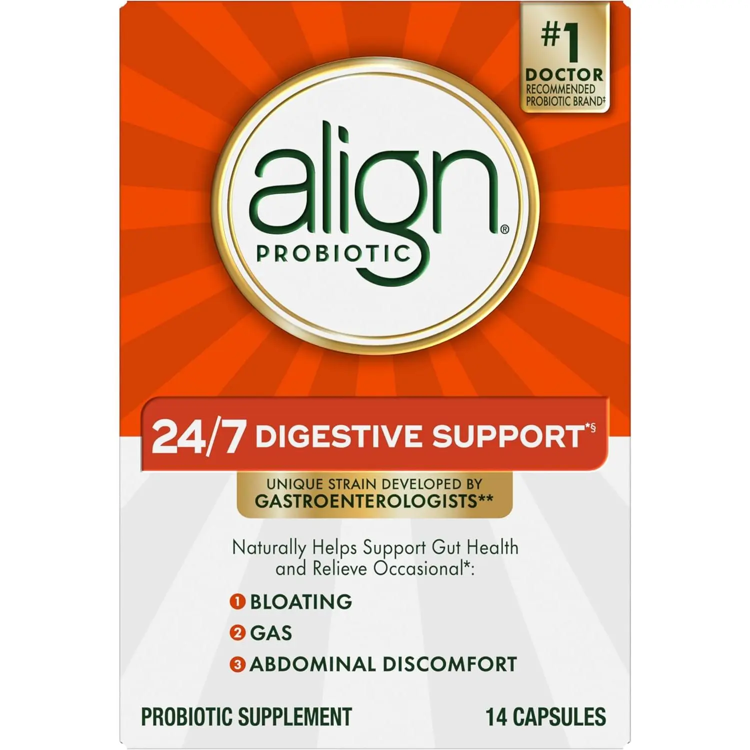 Align Probiotic Capsules, 14-Count, 24/7 Digestive Support*, Targeted for Women & Men, Supports Digestive Health, Helps Relieve Occasional Bloating & Gas*