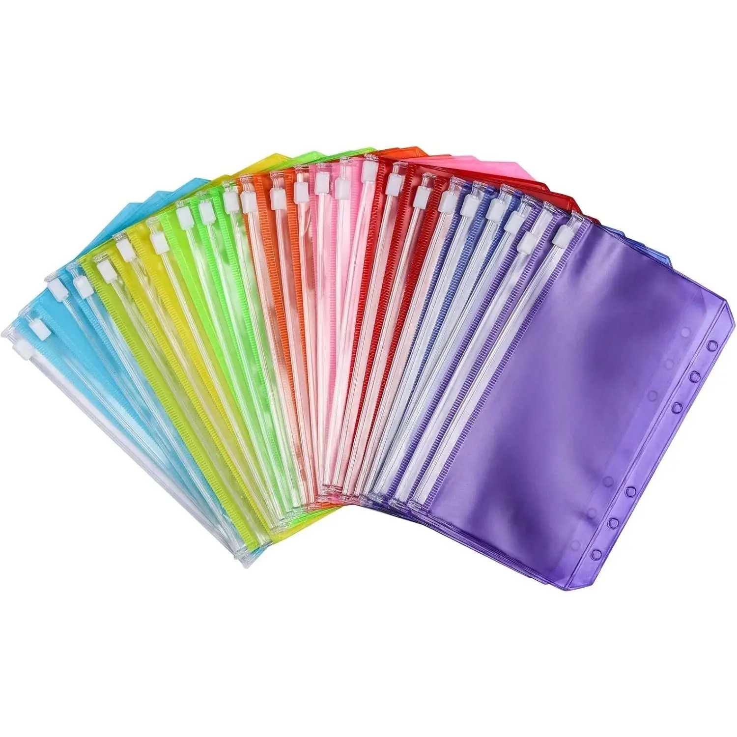 24pcs-A6 6-Hole Translucent Waterproof PVC Binder Pockets, Zipper Binder Pouch for Cash, ID Card - Home & Office Desk Organizer Stationery Accessory (8 Colors), Durable Pvc