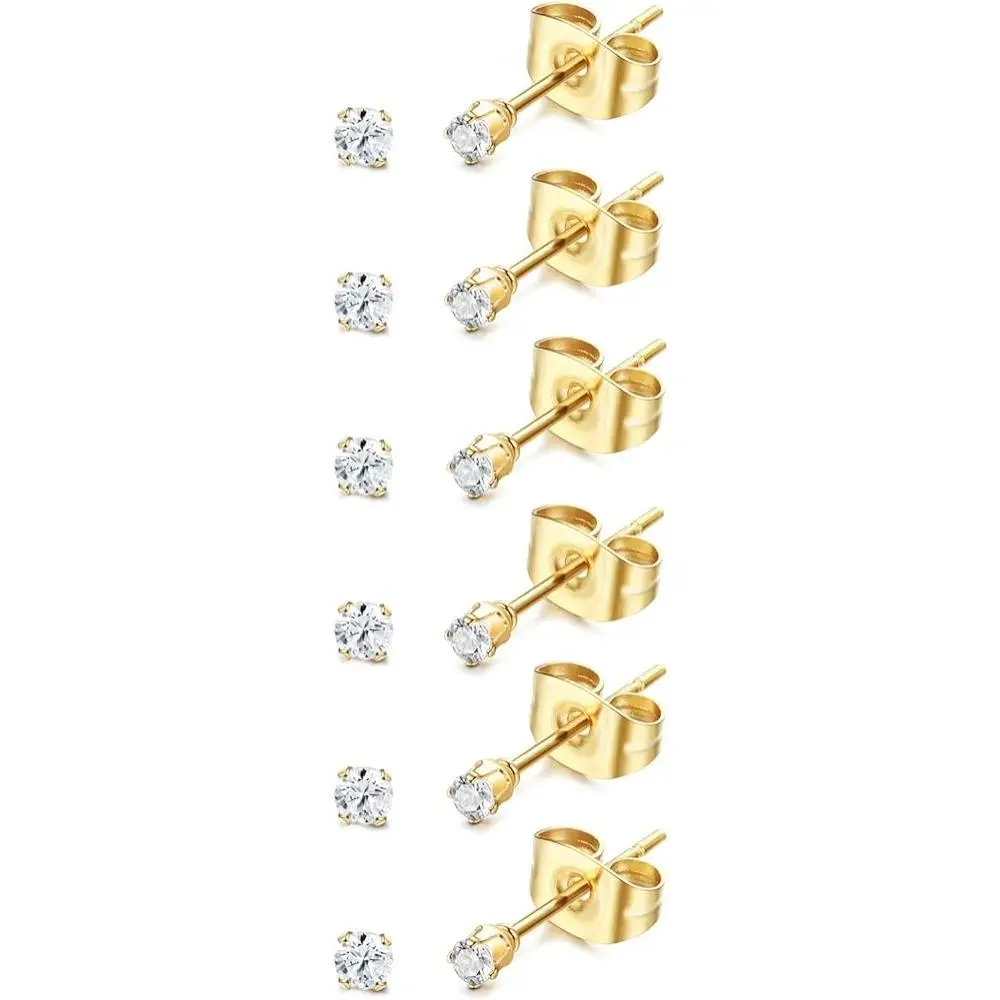 FLORIDECO 6 Pairs Stainless Steel Tiny 2mm Stud Earrings For Mens Womens CZ Round Ball Cartilage Earrings Set Daily