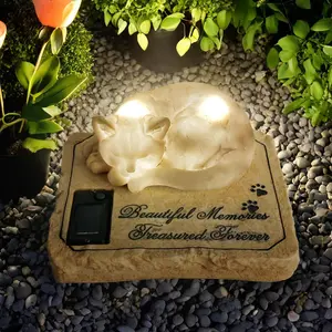 Solar Light Cat Memorial Garden Stones with A Sleeping Kitty Statue - Auto Glow at Night Resin Grave Markers Headstones for Cat Sympathy Memorial Gifts Loss Gifts Outdoors, 8"x6.5"x3"